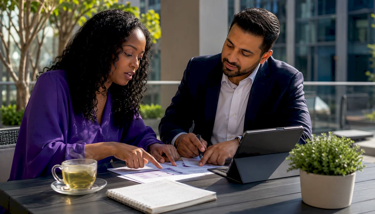 Mortgage advisors discussing documents collaboratively