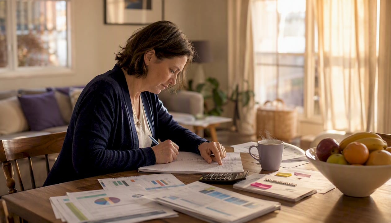 Hands organizing debt repayment budget paperwork