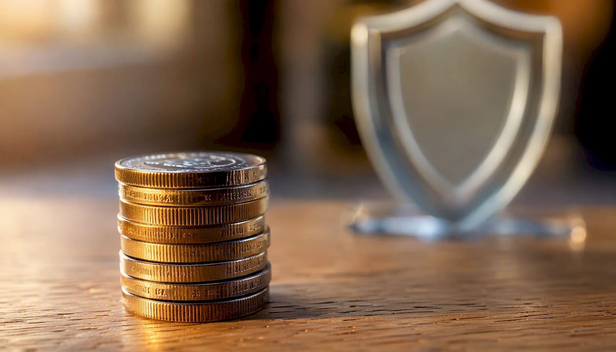 Stack of UK coins with shield paperweight