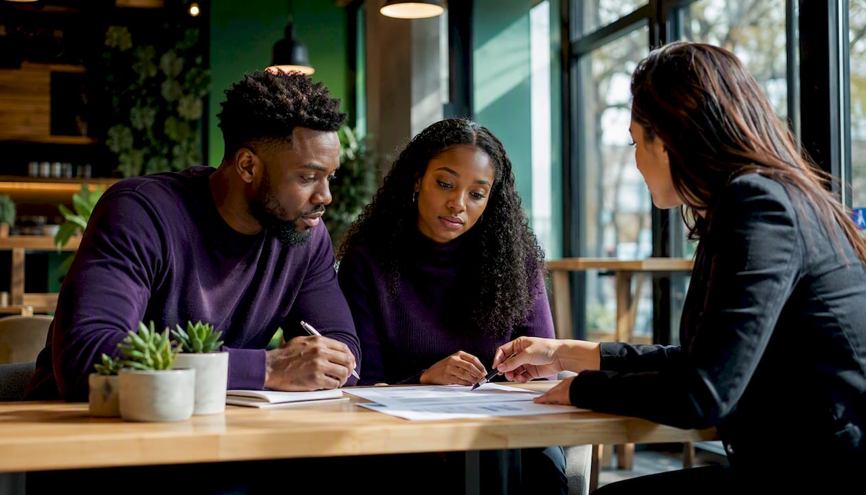 Couple consulting mortgage broker on secured loans