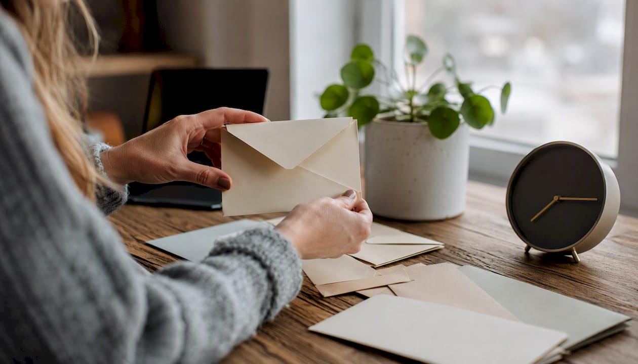 Hands managing household envelopes on table
