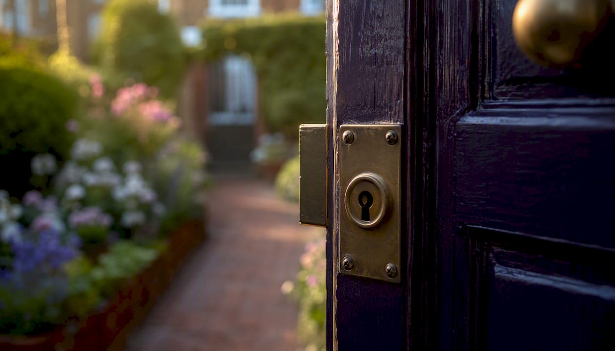 Close-up of house door lock and frame