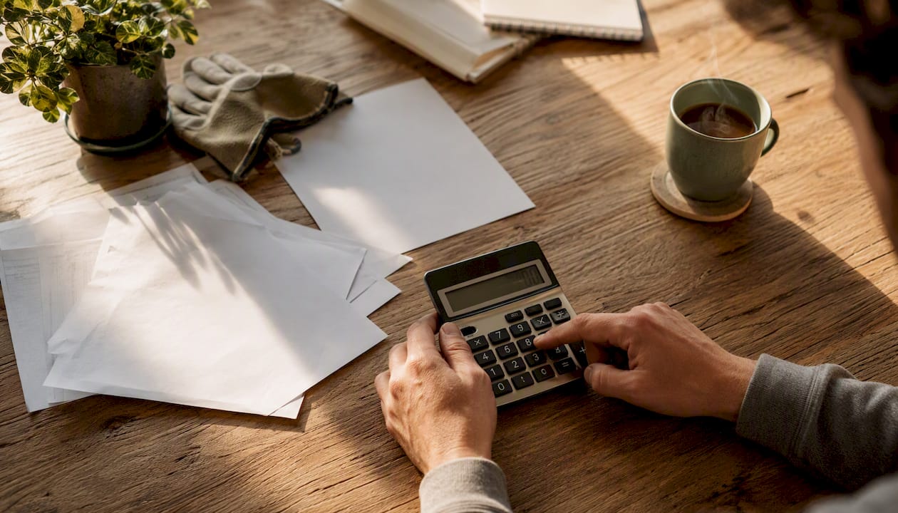 Hands using calculator with mortgage documents