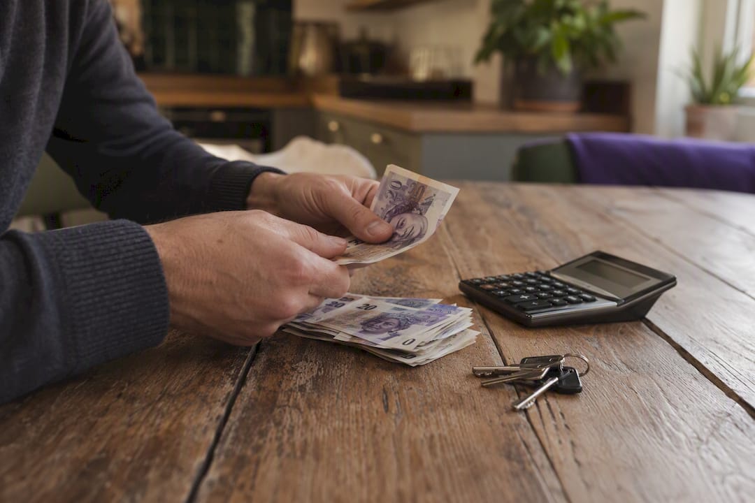 Hands counting UK money near house keys and calculator