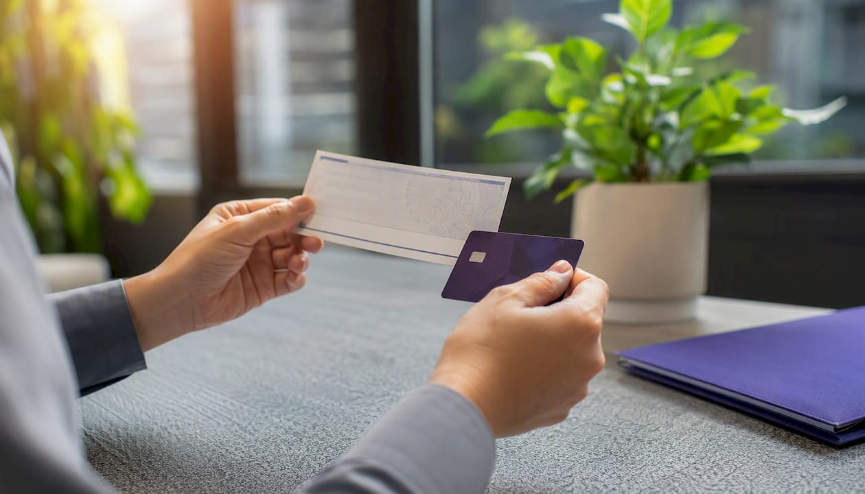 Hands holding bank draft and bank card over table