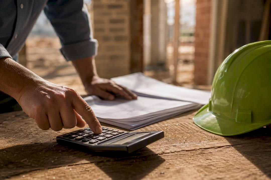 Calculator next to hard hat and building plans