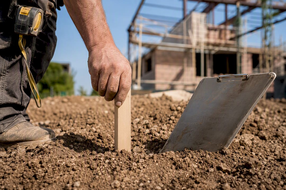 Hand placing secured loan stake at construction site