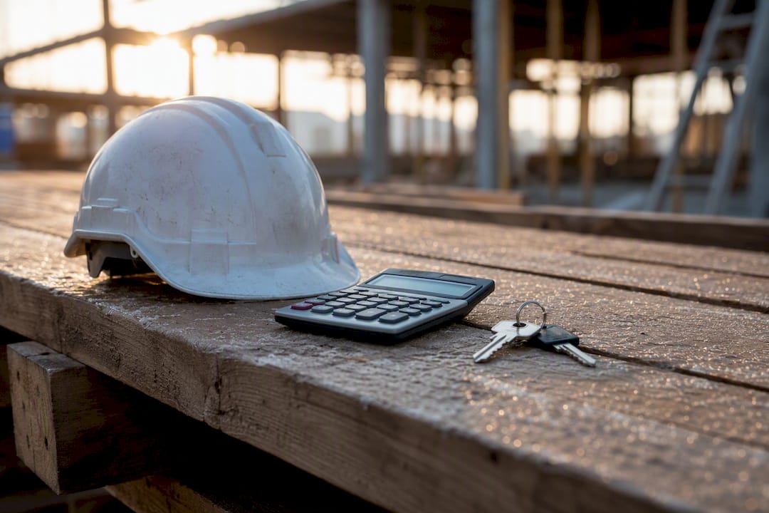 Calculator, keys and helmet on bench
