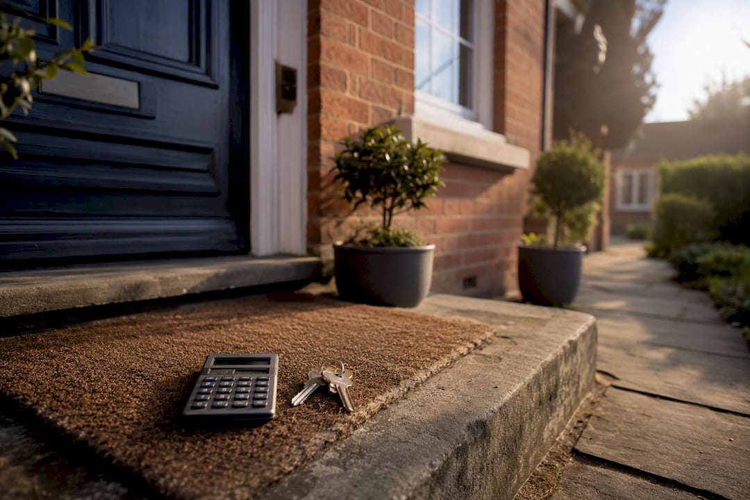 Calculator and keys on house doorstep