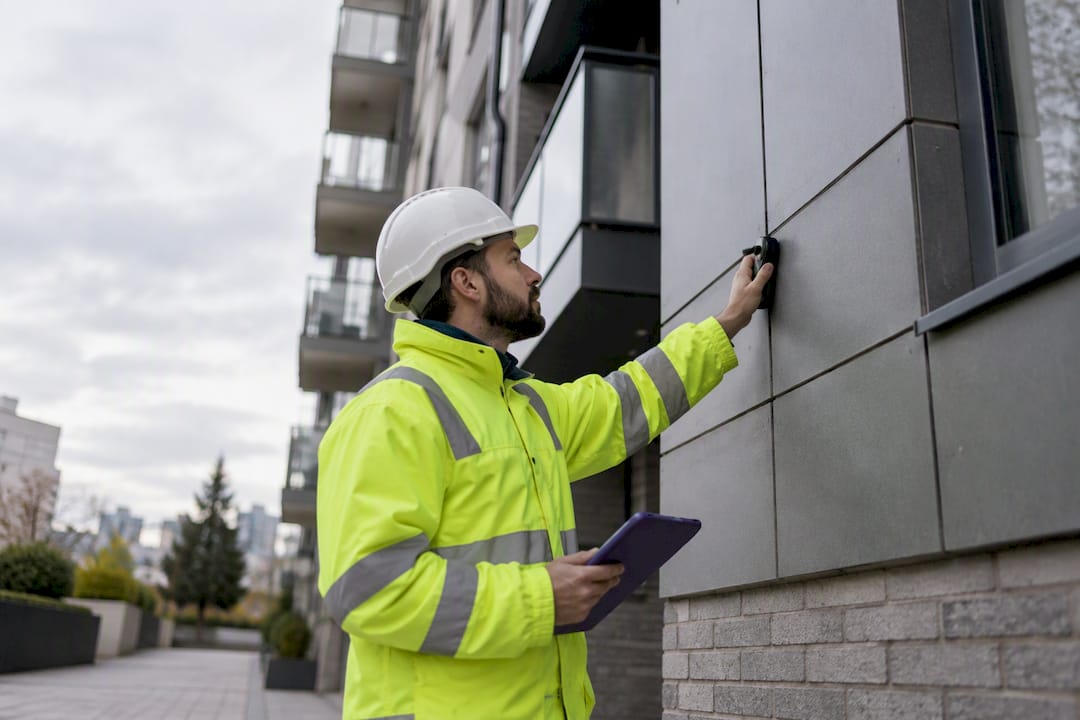 Surveyor inspecting apartment block cladding