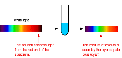 Complex ions in solution absorb certain wavelengths of light and transmit others