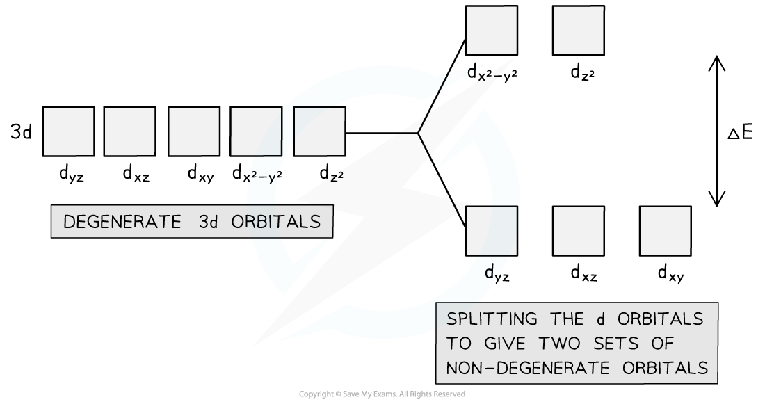 Ligands split the 3d orbitals in Cu2+ into two sets of non-degenerate orbitals