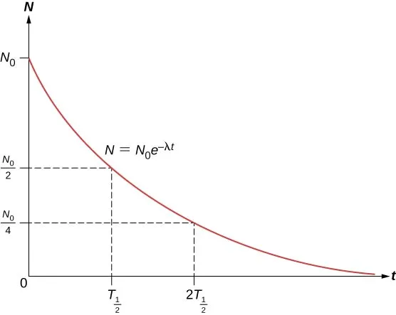 An example showing radioactive decay as a function of time where the y-axis gives the number of particles as a percentage of the initial value