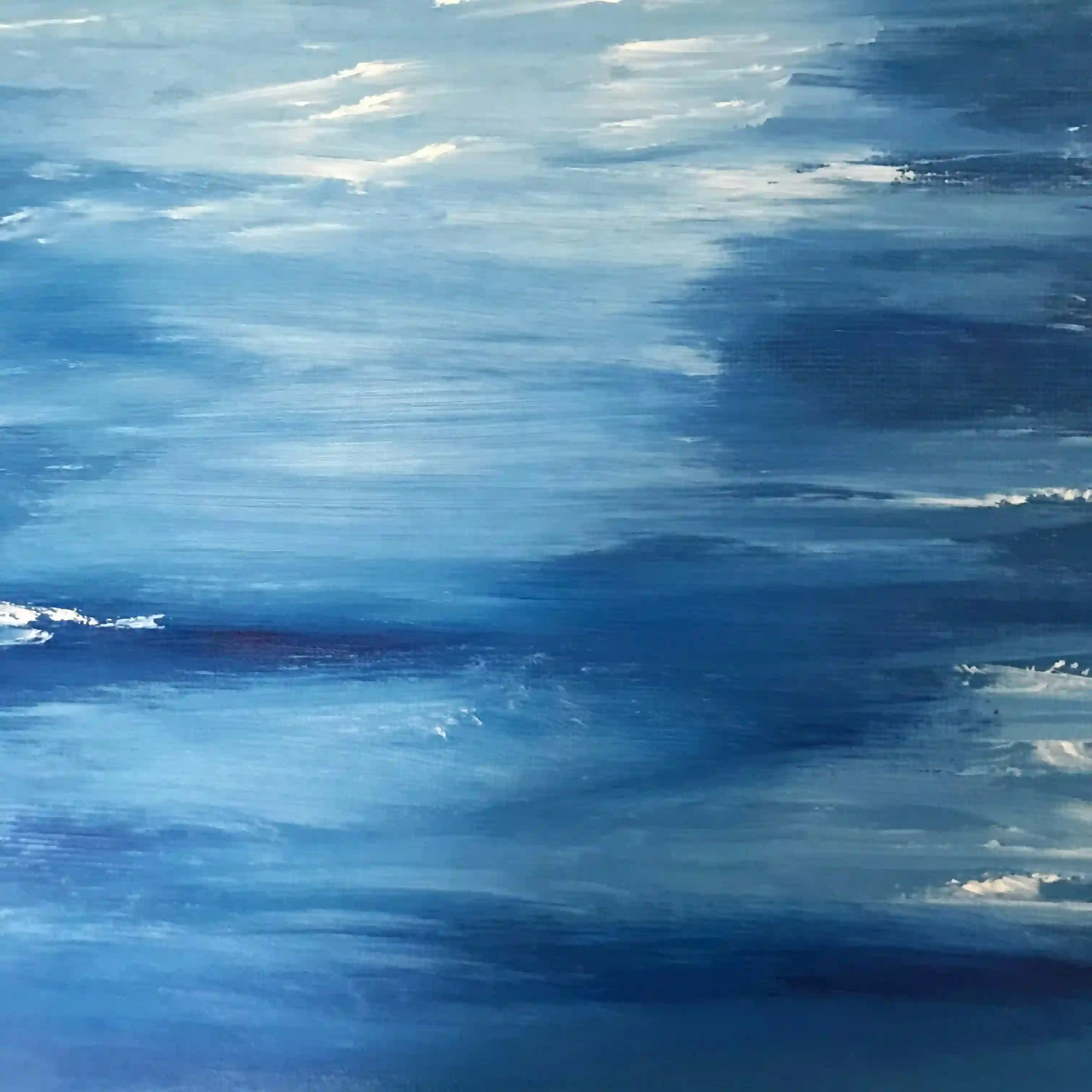 Abstract painting with layered blue and white brushstrokes creating a flowing gradient effect.