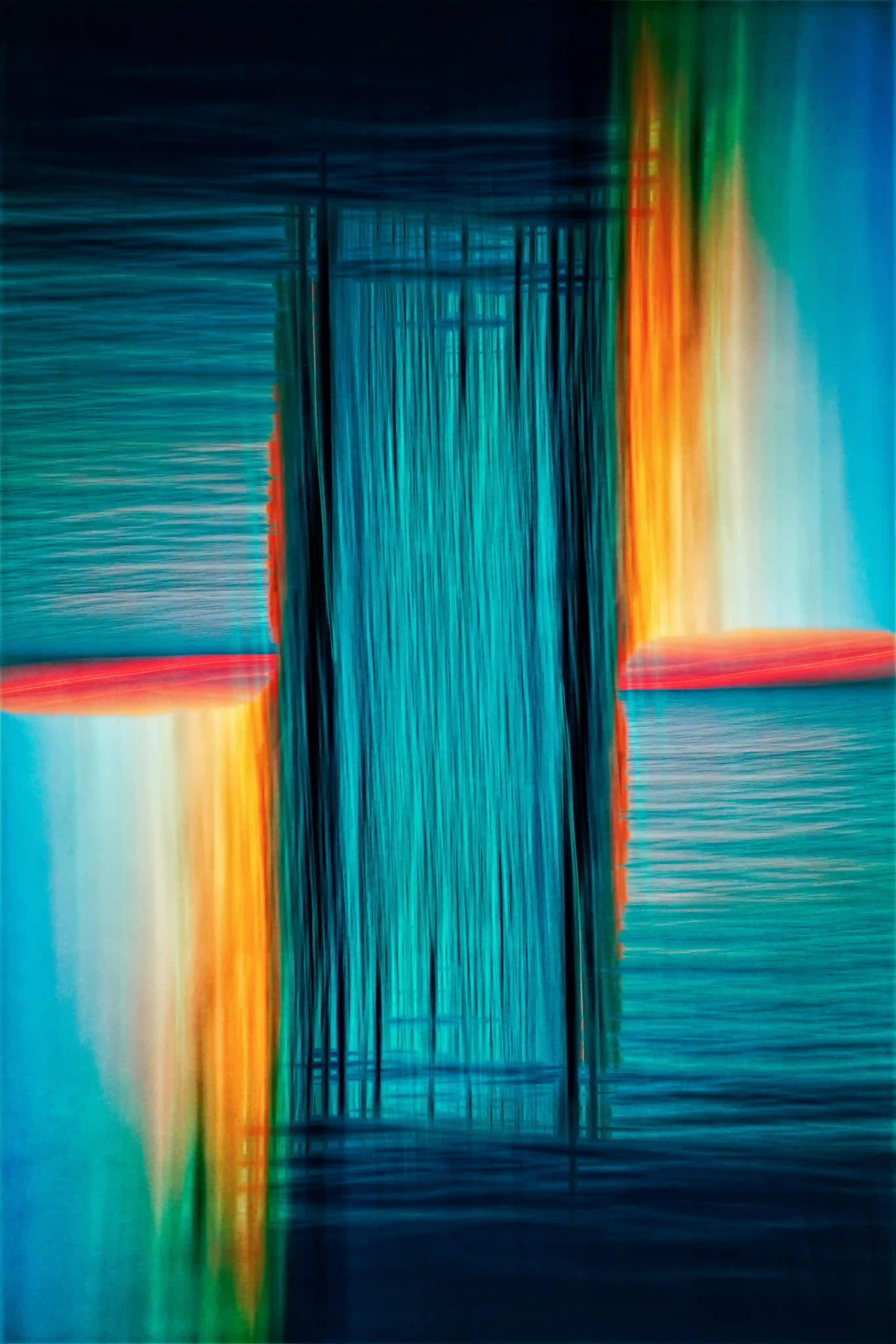 Abstract vertical lines in blue with glowing orange and red shapes on sides blending into dark background.