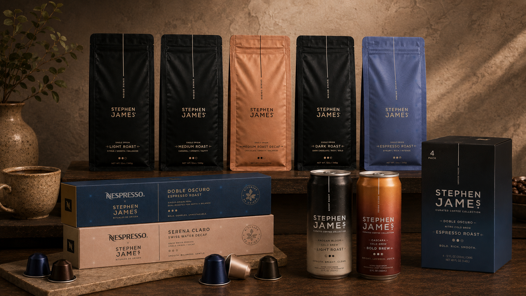 Stephen James whole-bean and ground coffee formats