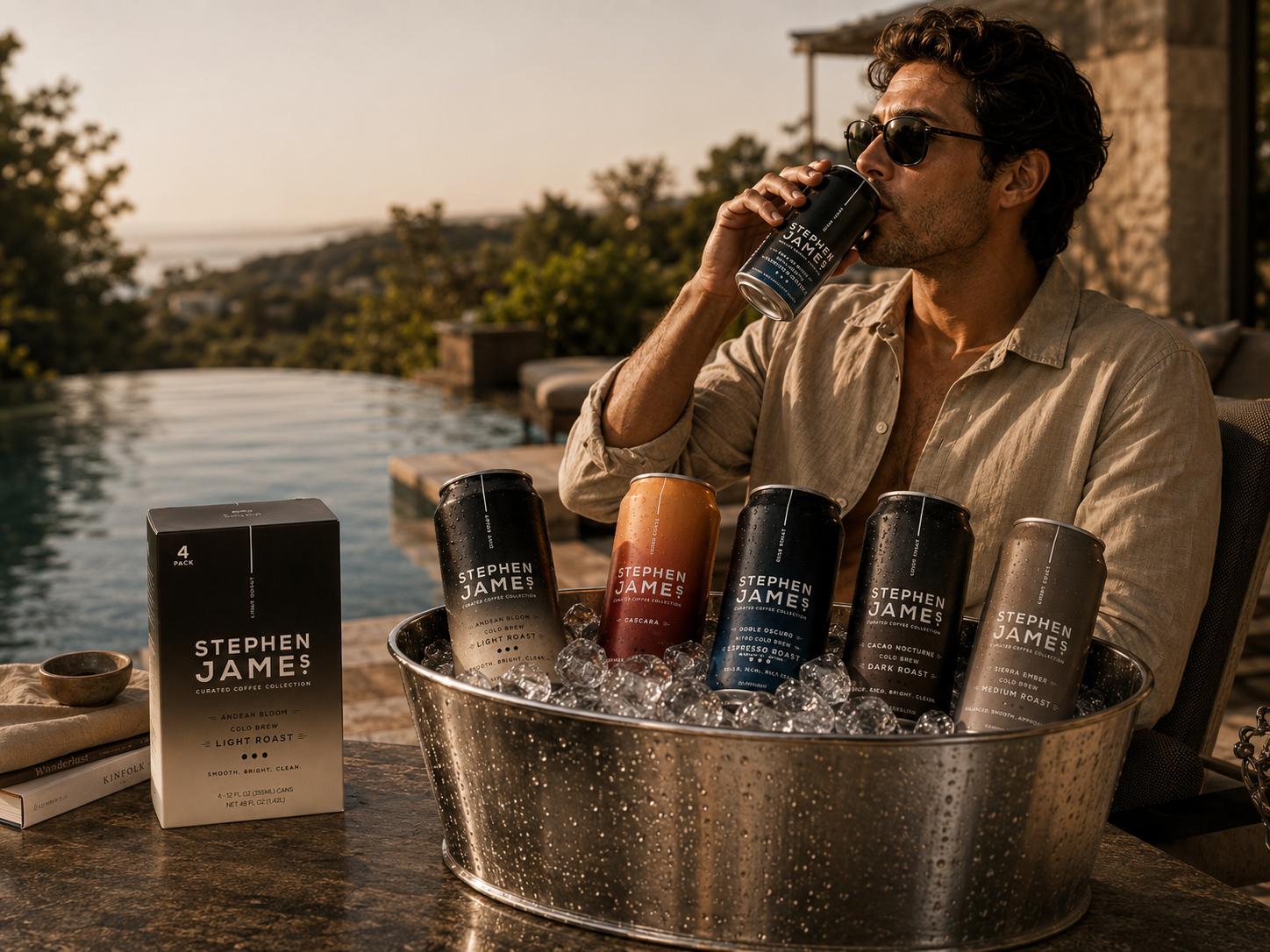 Stephen James cold brew cans presented on ice in a premium poolside hospitality setting.