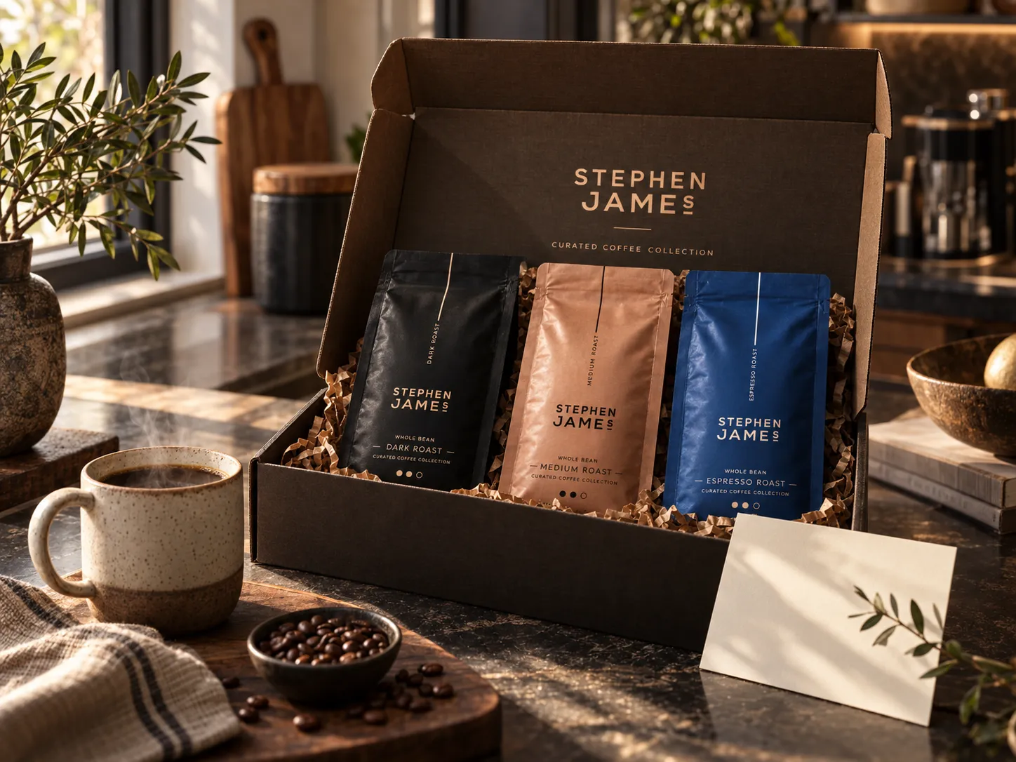 Stephen James coffee subscription box with premium coffee bags in a warm home kitchen