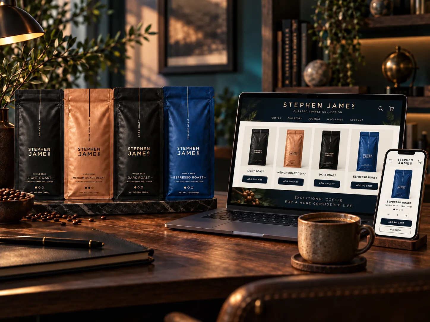 Stephen James coffee products beside a laptop and phone displaying the branded Stephen James online storefront