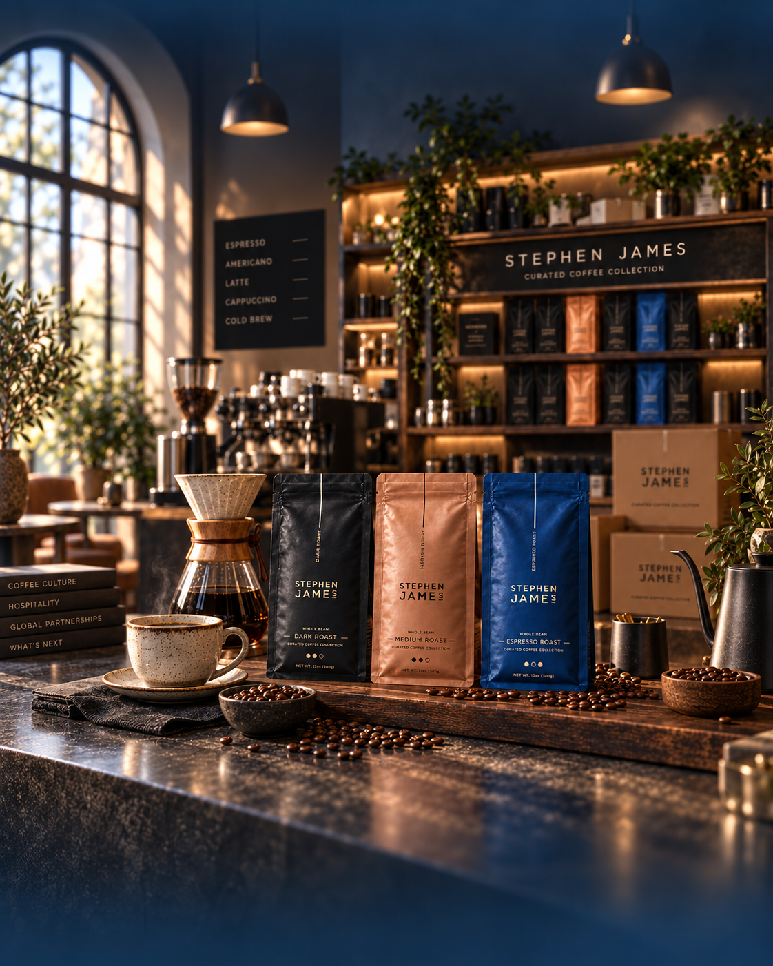 Stephen James coffee bags and pour-over service in a premium coffee bar.