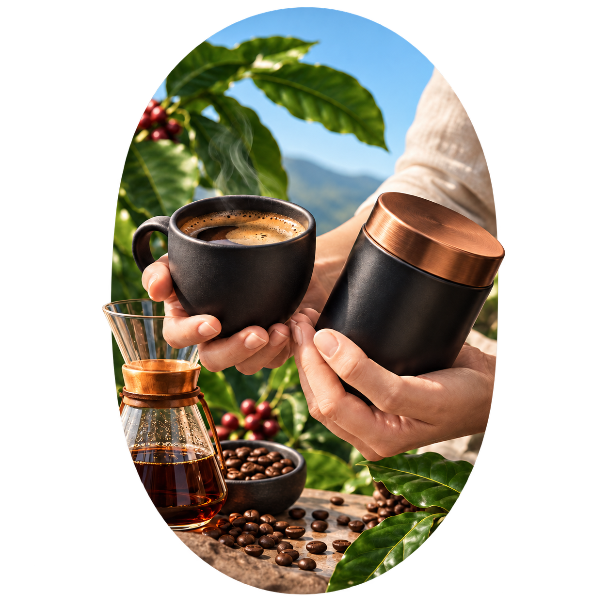 Hands sharing a premium coffee ritual