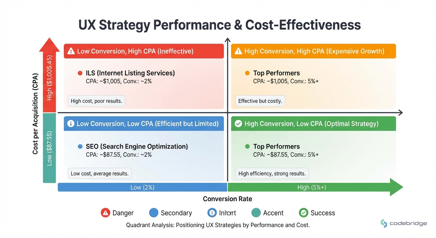 Article compares performance of different UX strategies and channels - SEO vs ILS cost effectiveness ($87.55 vs $1,005.45), top performers vs average performers (5%+ vs 2% conversion), creating natural 2x2 positioning analysis