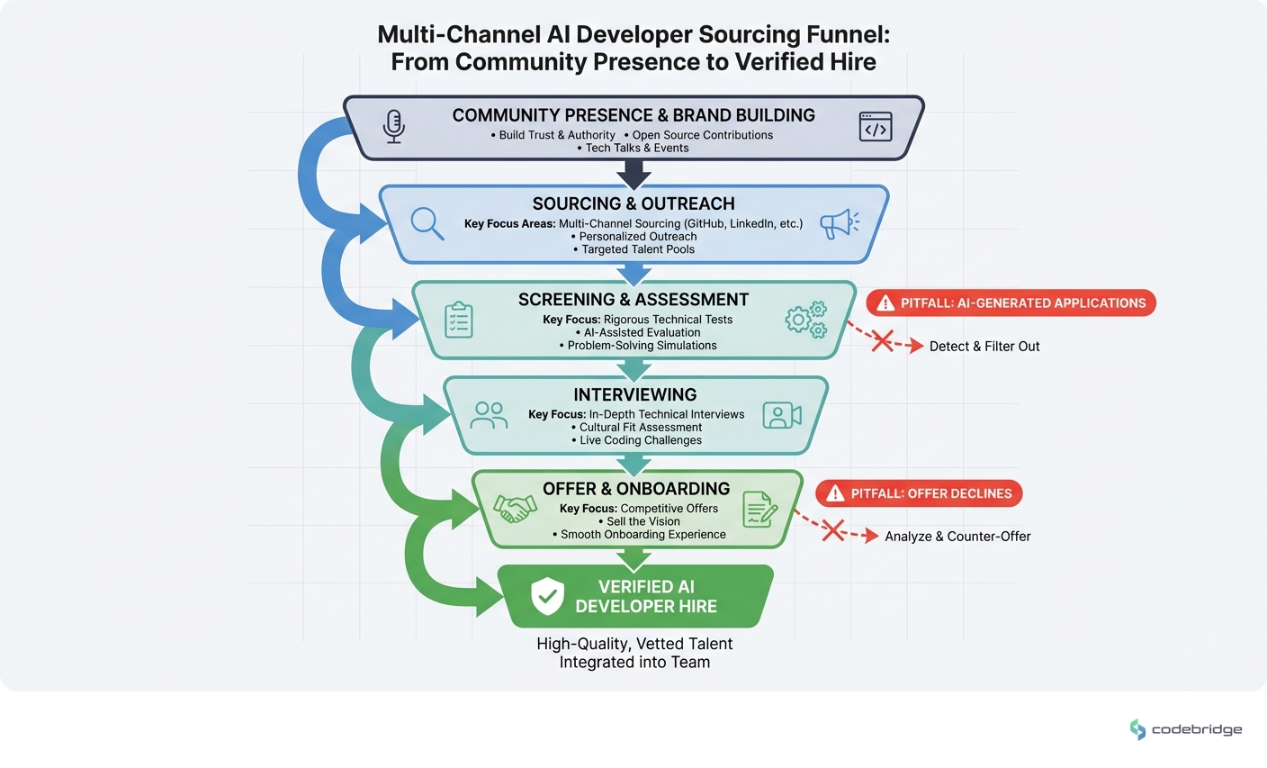 Multi-Channel AI Developer Sourcing Funnel, From Community Presence to Verified Hire