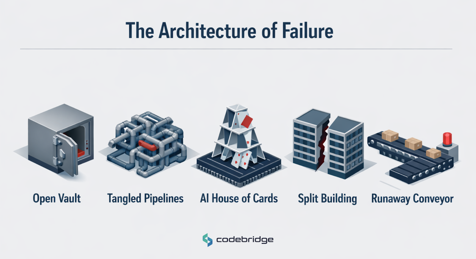Isometric illustration of five startup architecture failures: open vault showing security vulnerabilities, tangled pipeline maze representing over-abstraction, AI house of cards depicting unstable dependencies, split building showing divided engineering focus, and runaway conveyor symbolizing uncontrolled automation