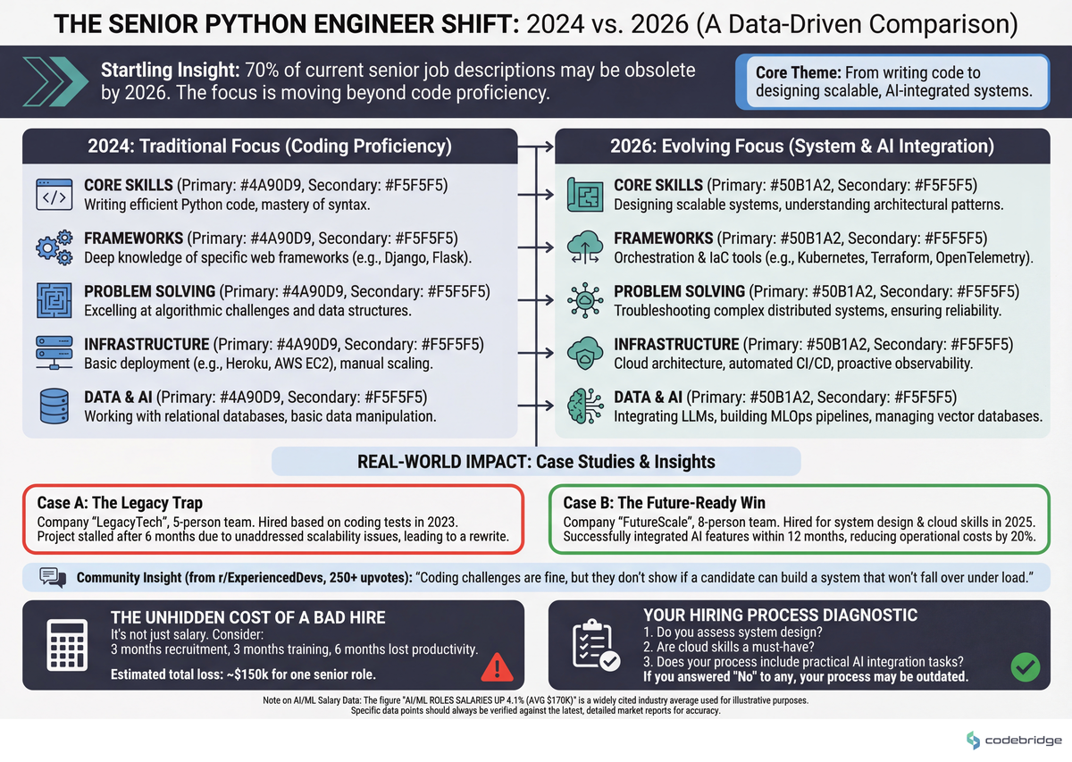 2024 vs 2026 Senior Python Engineer Requirements, showing shift from language proficiency, framework knowledge, and algorithm skills toward system design, cloud architecture, observability, and AI/ML integration capabilities
