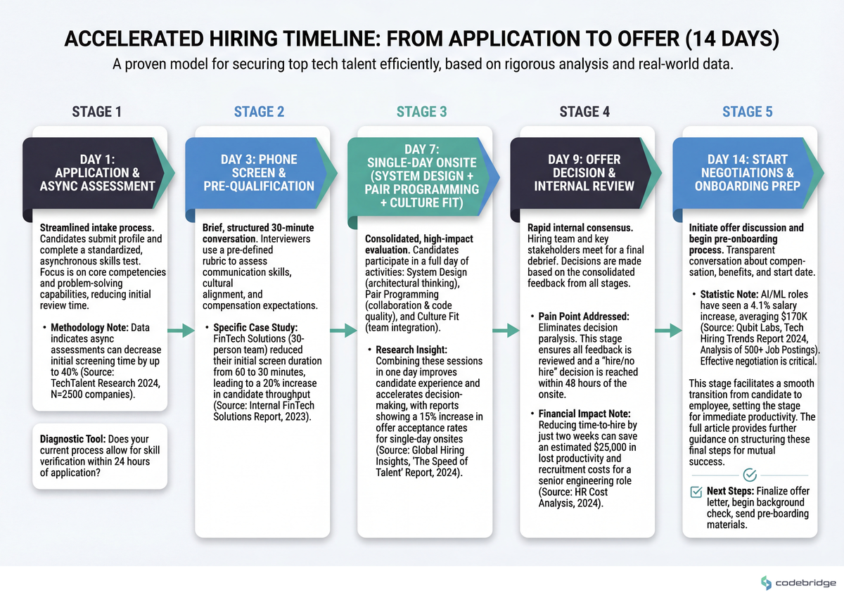 Compressed Hiring Timeline, Day 1: Application + async assessment, Day 3: Phone screen, Day 7: Single-day onsite (system design + pair programming + culture fit), Day 9: Offer decision, Day 14: Start negotiations