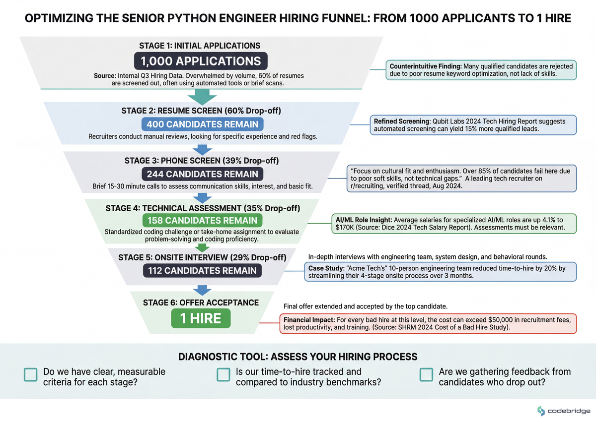 Senior Python Engineer Hiring Funnel, from 1000 applications to single hire, showing drop-off at resume screen (60%), phone screen (39%), technical assessment (35%), onsite (29%), and offer acceptance