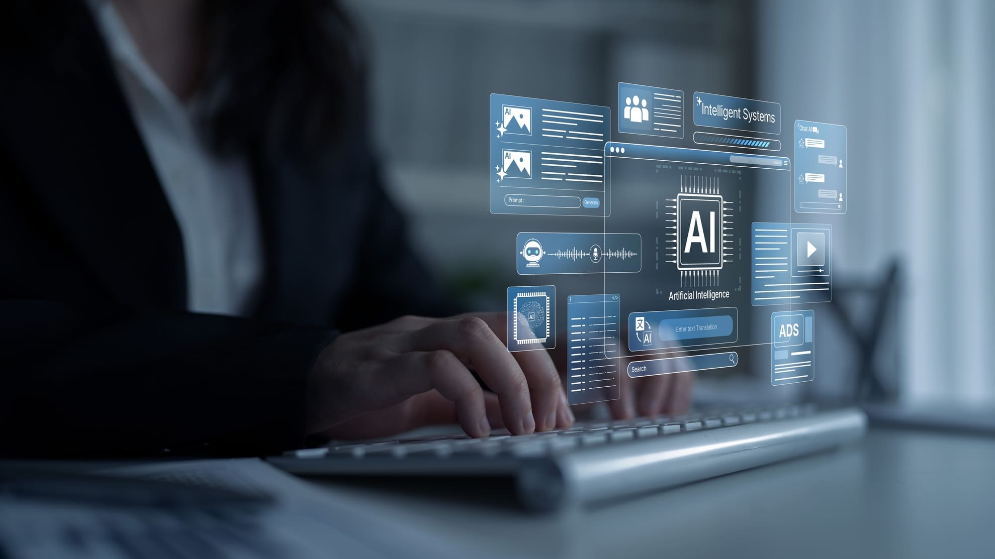 The businessman is typing on the keyboard searching for the AI system engineering company.