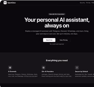 OpenClaw landing page — deploy a personal AI assistant on Telegram, Discord, and WhatsApp. Start free, no credit card.