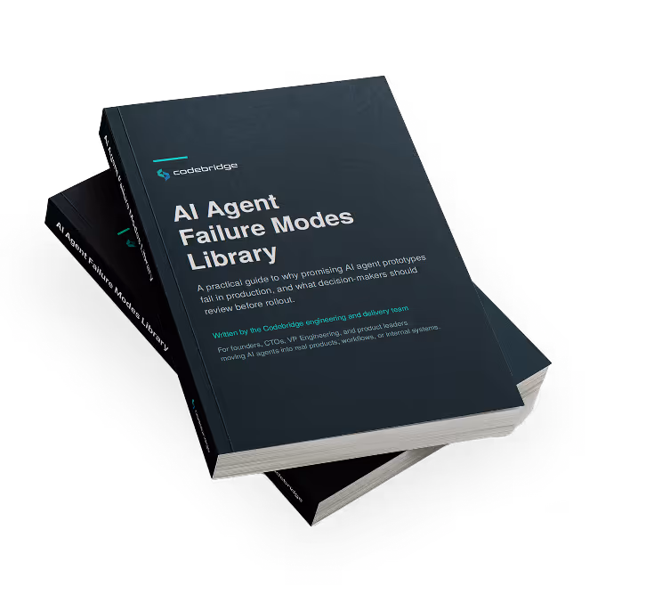 Two stacked copies of the "AI Agent Failure Modes Library" book by Codebridge, a dark teal hardcover with a practical guide subtitle.