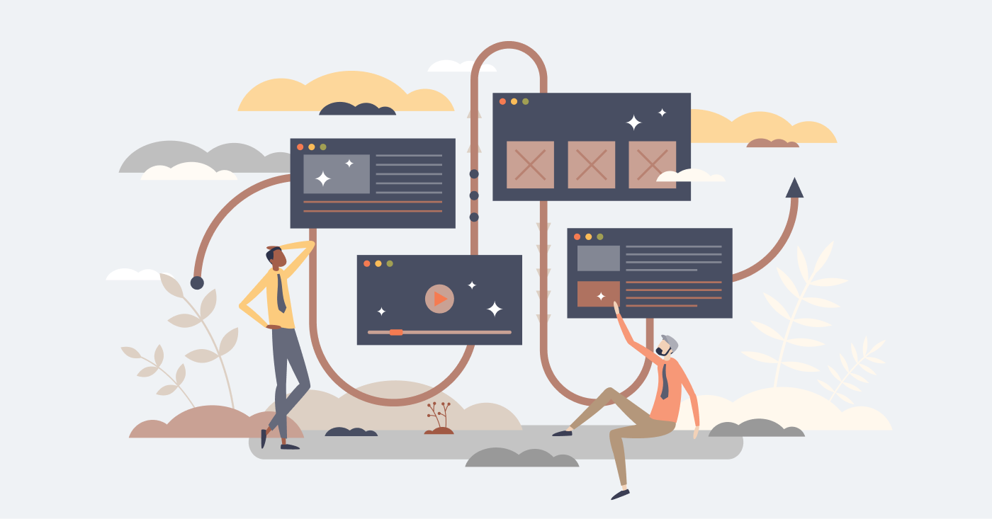 Stylized illustration of two people interacting with connected software windows and interface panels, representing remote supervision of coding work across devices for Claude Code Remote Control.