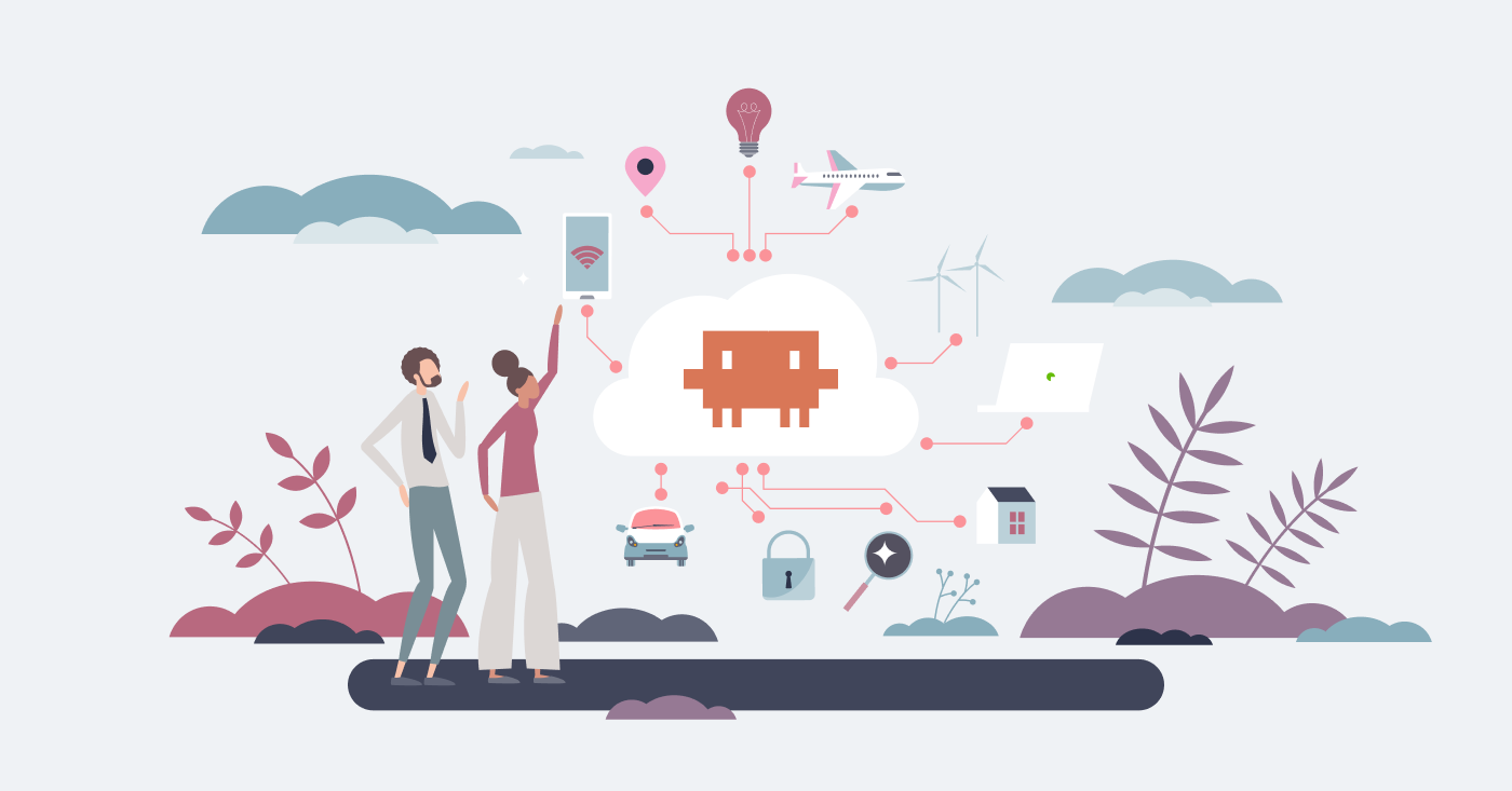 Illustrated scene showing two people interacting with a cloud-based AI system connected to multiple devices and services, including a phone, laptop, airplane, smart car, home, location pin, security lock, and search icon.