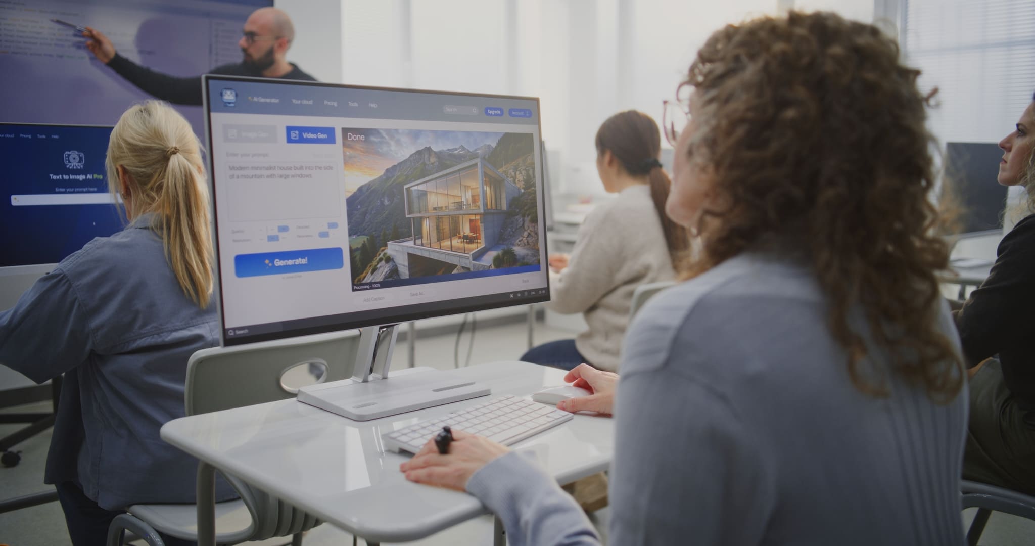 AI in education classroom setting with students using desktop computers while a teacher presents at the front, showing an AI image generation interface on screen.