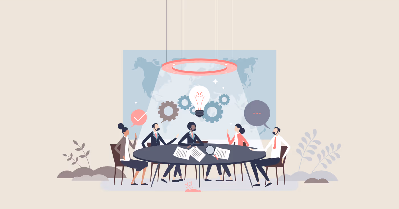 Team of professionals discussing agentic AI production risks at a conference table, reviewing technical documentation and architectural diagrams.