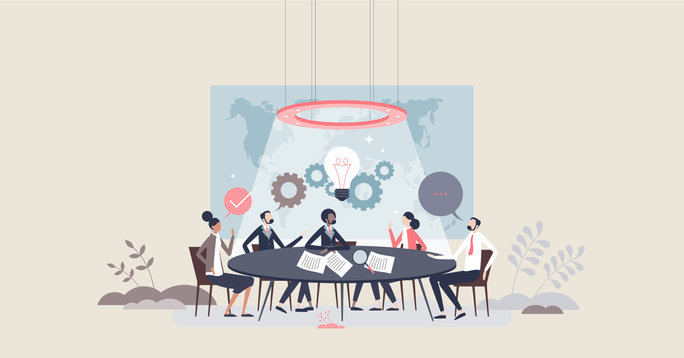 Team of professionals discussing agentic AI production risks at a conference table, reviewing technical documentation and architectural diagrams.