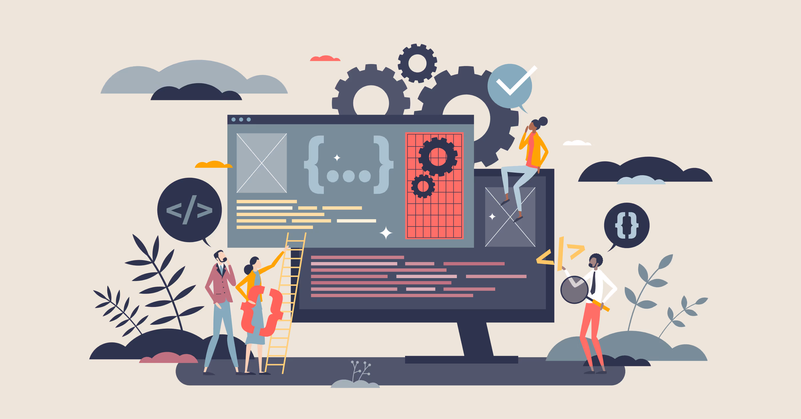 Illustration of a software team reviewing code, system logic, and testing steps on a large screen, with gears and interface elements representing AI agent development and validation.