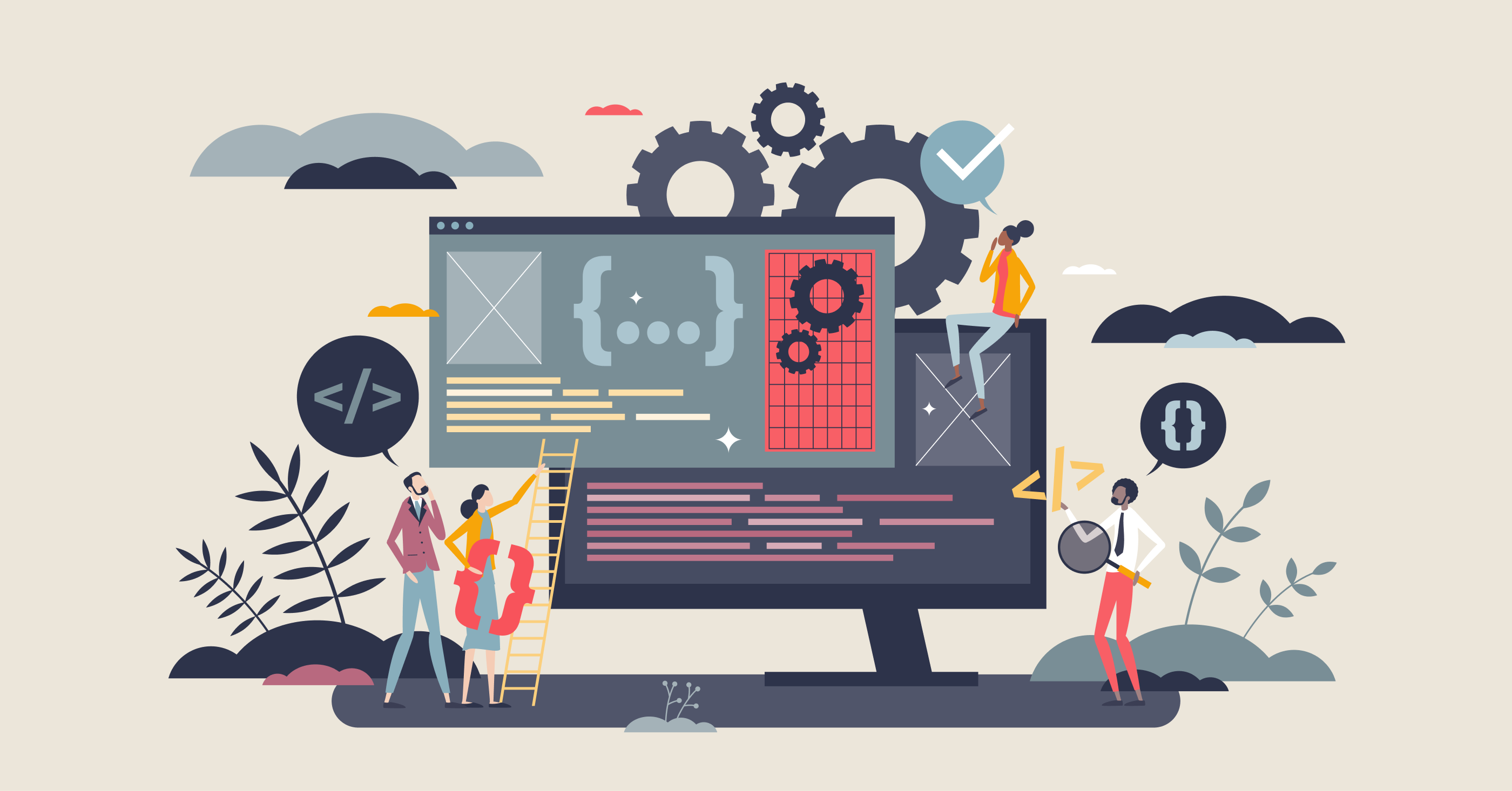 Illustration of a software team reviewing code, system logic, and testing steps on a large screen, with gears and interface elements representing AI agent development and validation.