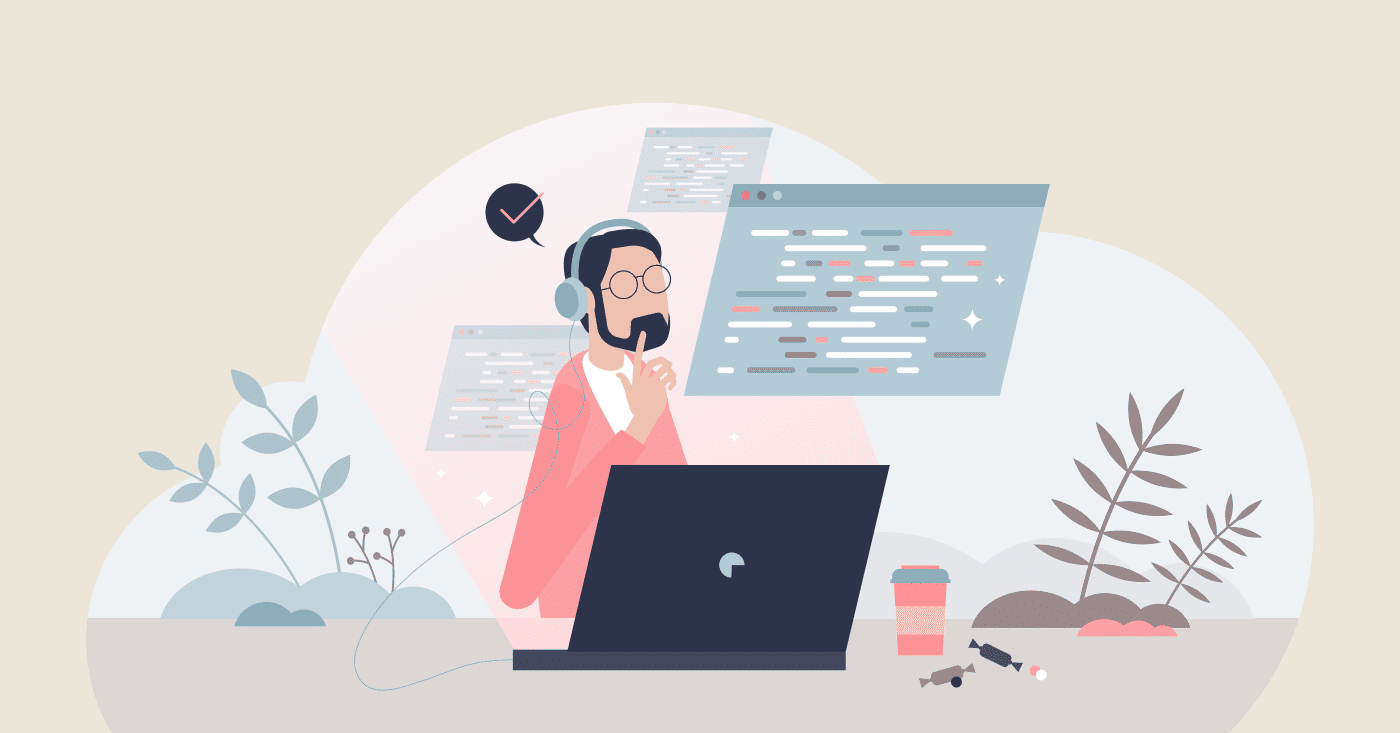 a vector image of a man sitting and thinking about secure code generated with AI