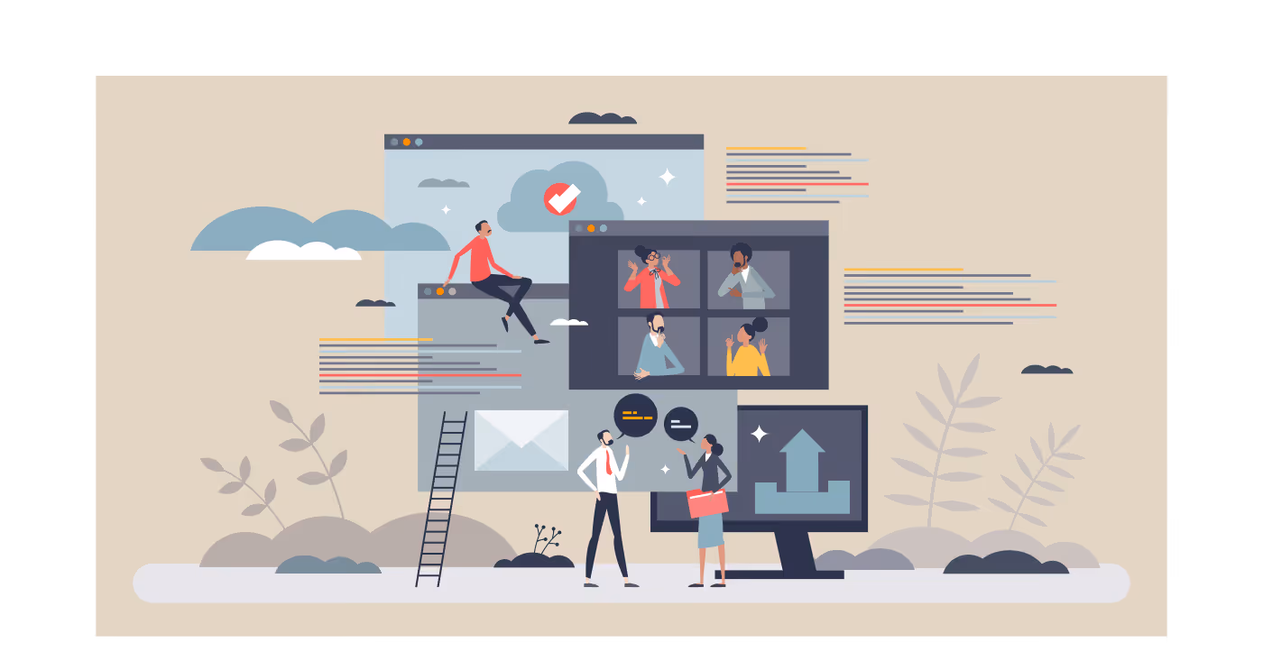 Vector image with people and computers discussing agentic ai in supply chain.