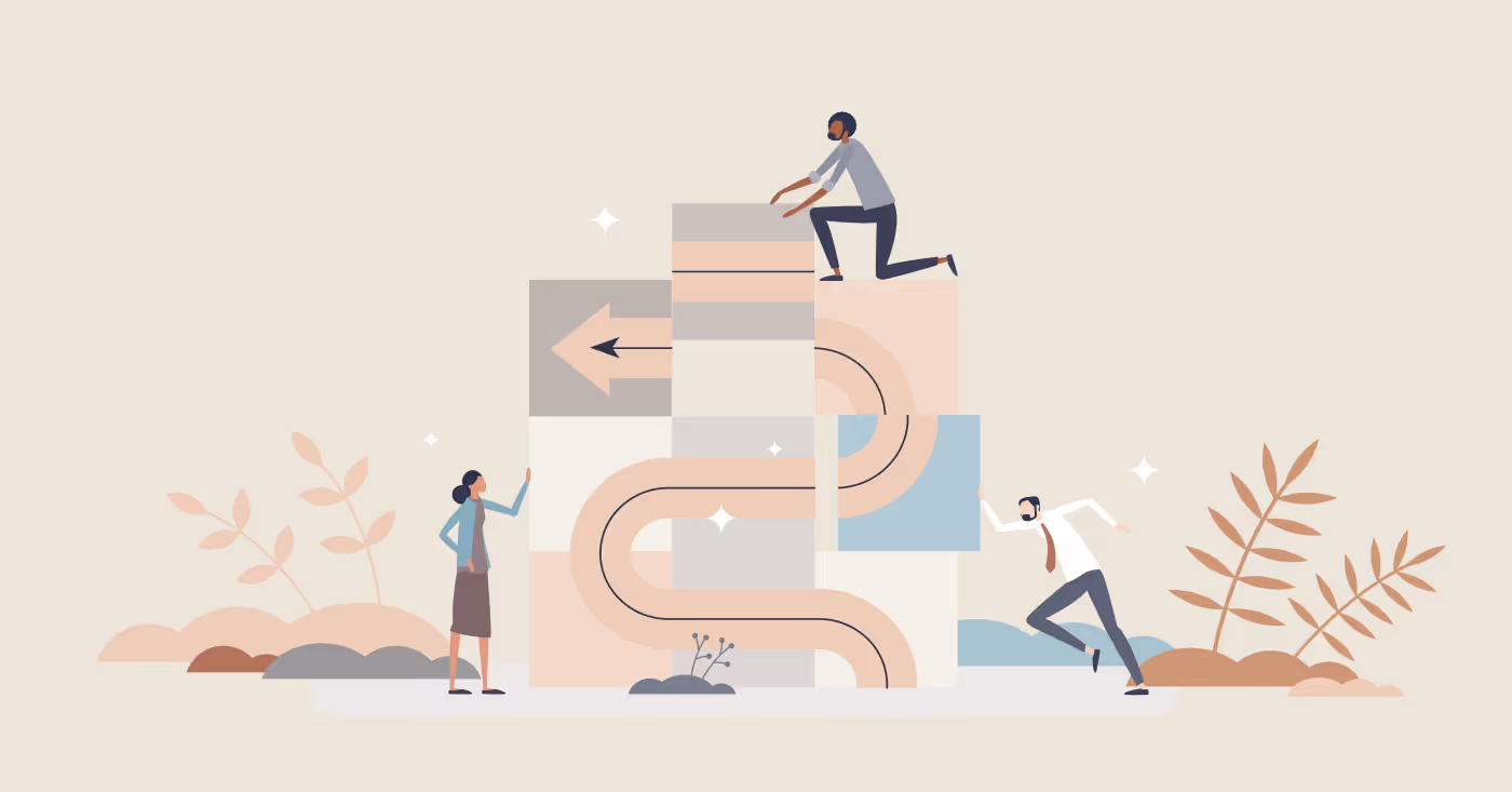 Vector image on which people are bulding an arrow that represents a workflow in the manufacturing