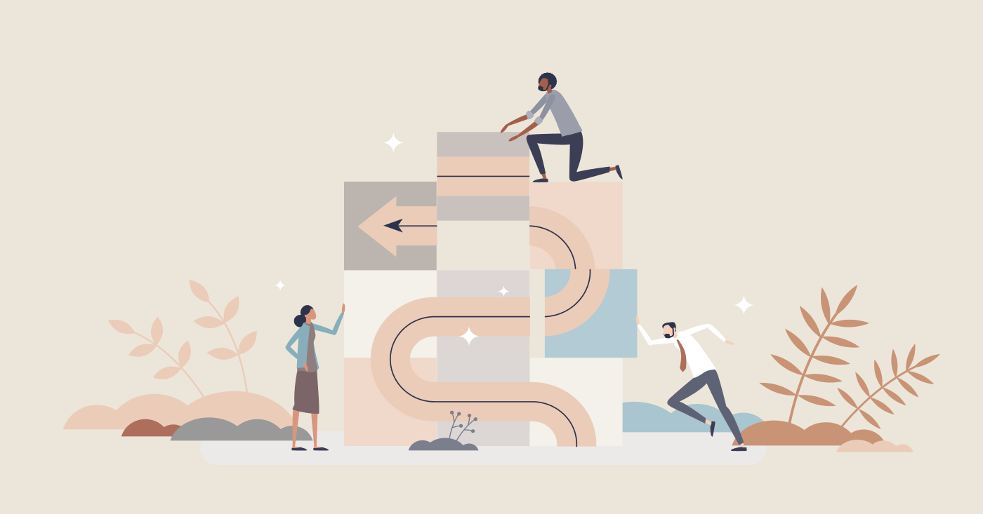 Vector image on which people are bulding an arrow that represents a workflow in the manufacturing