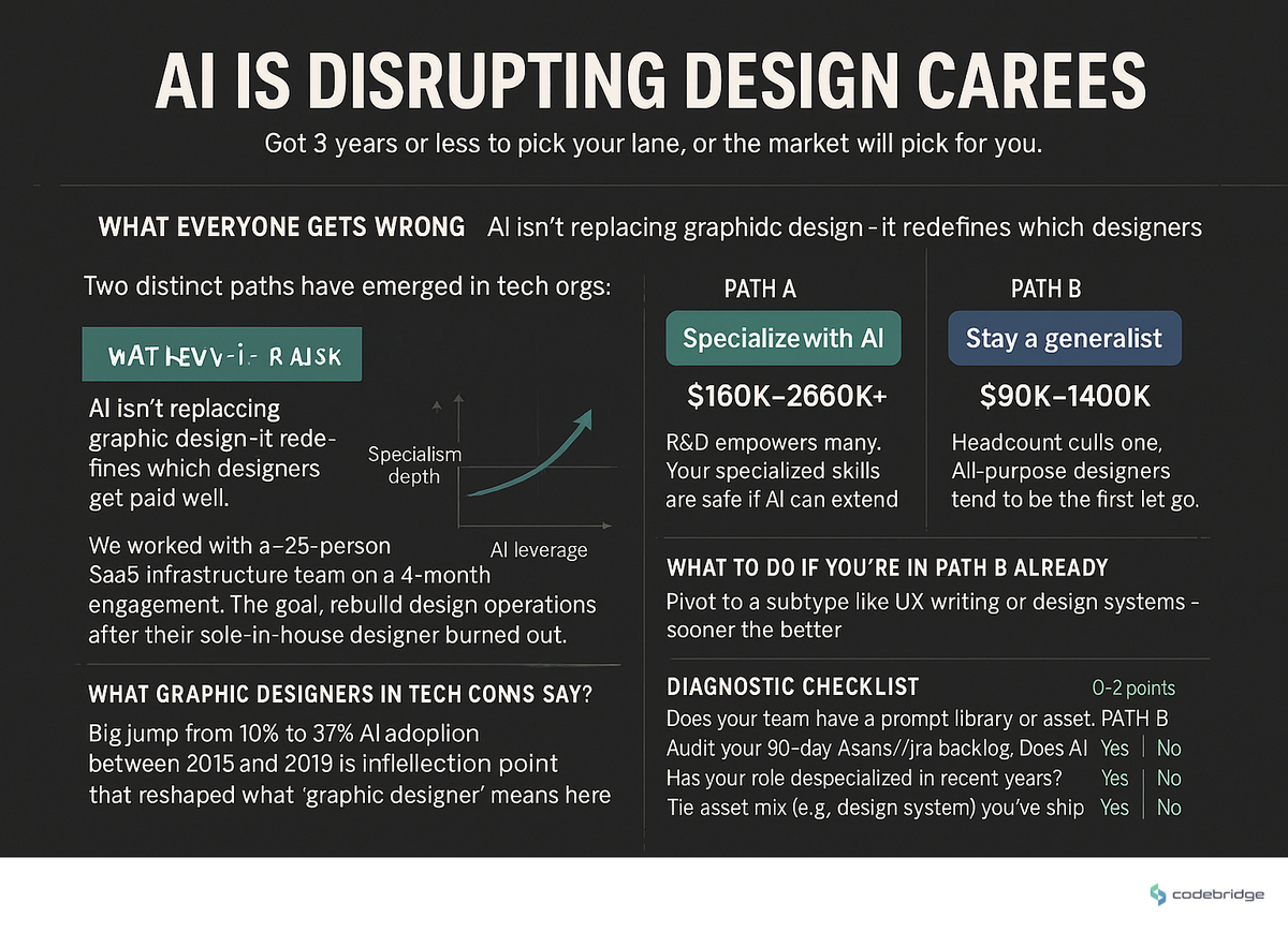 The right column is the survival question — when leadership cuts headcount, the generalist-in-the-middle role is the one that disappears first.