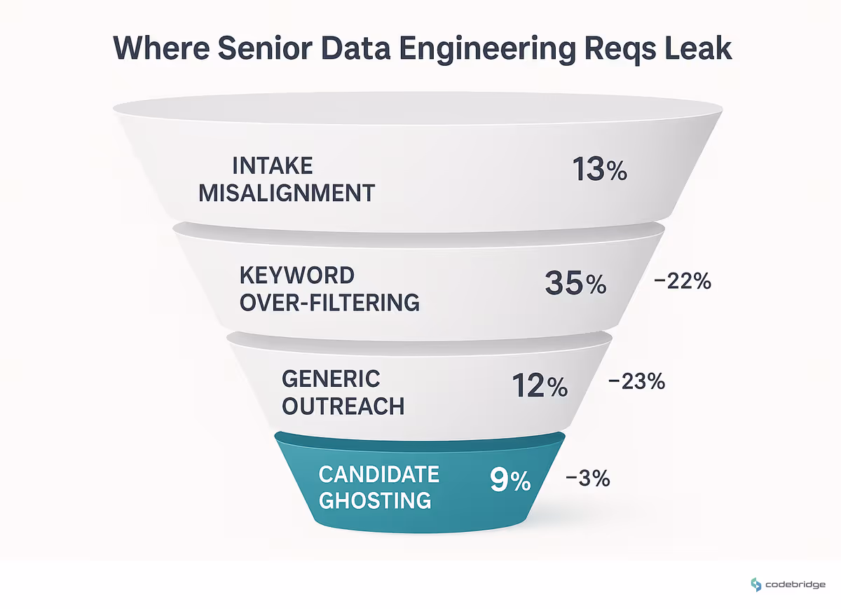 Where senior data engineering reqs leak — intake misalignment in week 1, keyword over-filtering in weeks 2-3, generic outreach in weeks 3-5, and candidate ghosting mid-process in weeks 5-8