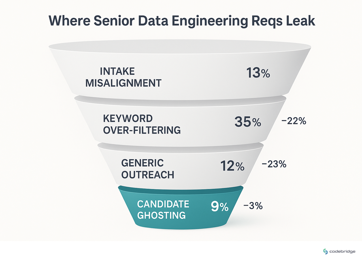 Where senior data engineering reqs leak — intake misalignment in week 1, keyword over-filtering in weeks 2-3, generic outreach in weeks 3-5, and candidate ghosting mid-process in weeks 5-8