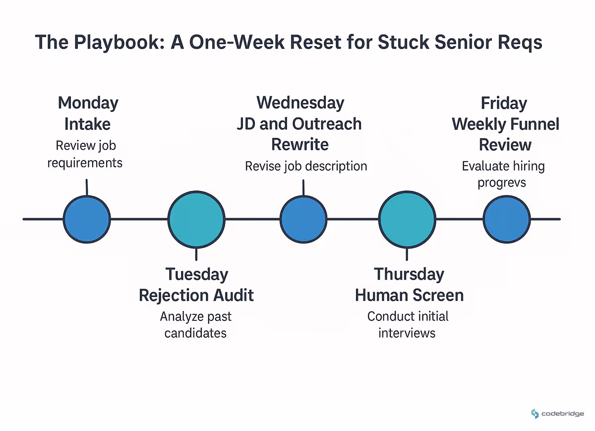 Five-day reset for stuck senior data engineering reqs — Monday intake, Tuesday rejection audit, Wednesday JD and outreach rewrite, Thursday human screen, Friday weekly funnel review