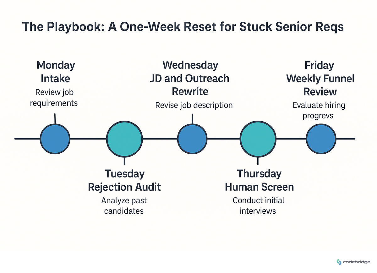 Five-day reset for stuck senior data engineering reqs — Monday intake, Tuesday rejection audit, Wednesday JD and outreach rewrite, Thursday human screen, Friday weekly funnel review